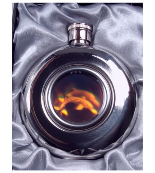Stainless Steel 5oz / 140ml circular Hip Flask with a Dolphin design on the front and back.